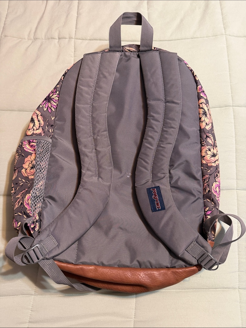Jansport Gray Floral Backpack with Pink Accents and Brown Leather Base - Picture 2 of 9